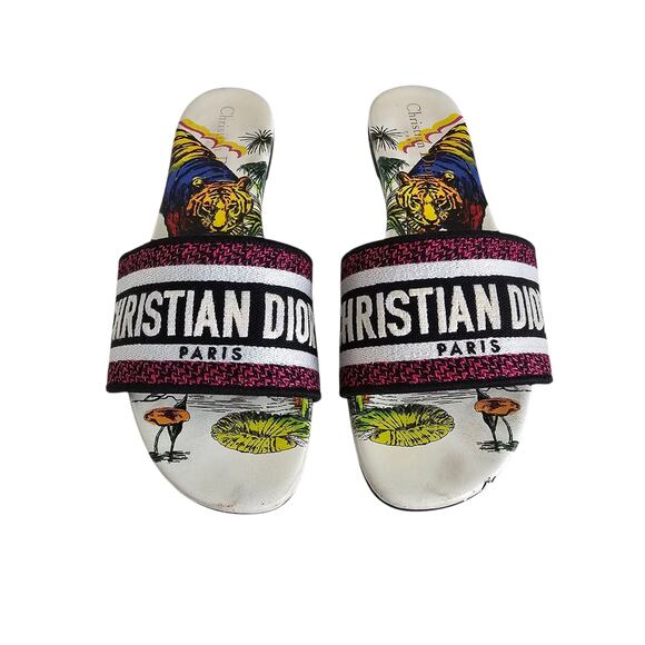 Christian Dior Dway Slide Flat Sandal Size 39 US 9 Pink White Leather Tiger - Picture 2 of 15